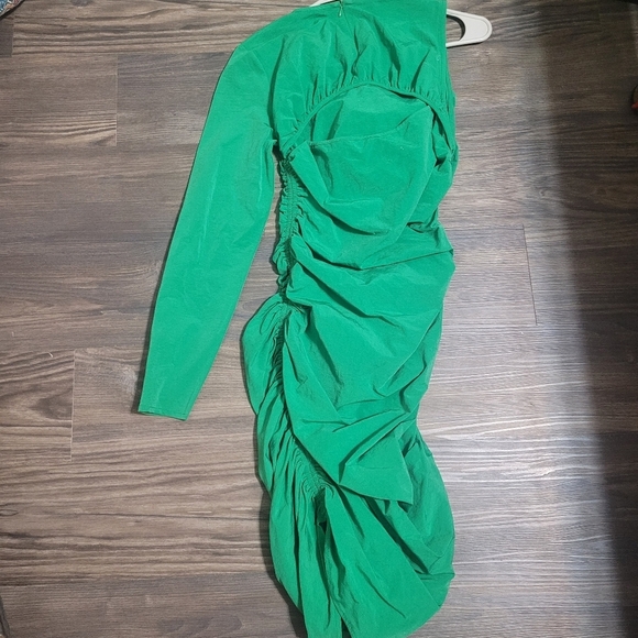 Zara Green Ruched One Sleeve Dress Size S Kelly Green Bodycon Edgy - Picture 7 of 7
